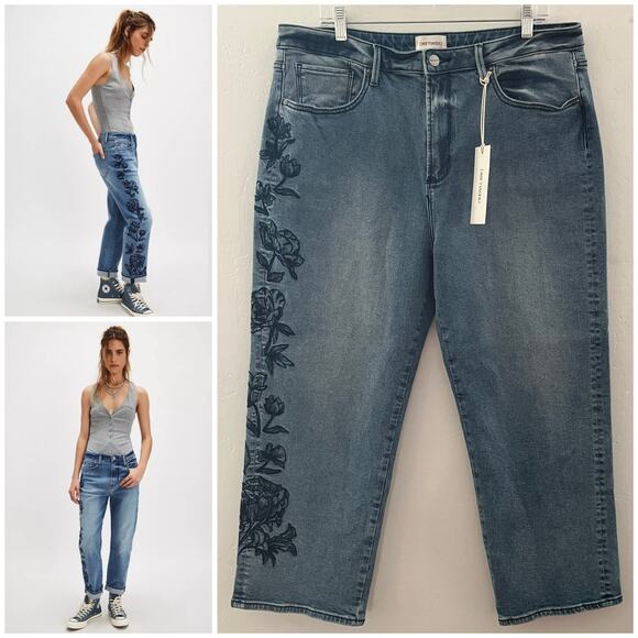 Free People x Driftwood Floral Embroidered Royce Jeans Relaxed Size 34x27 NWT - Picture 1 of 13